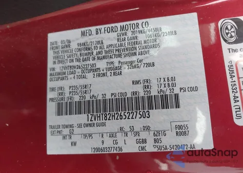 2006 Ford Mustang Gt z USA, uszkodzony, nr VIN 1ZVHT82H265227503